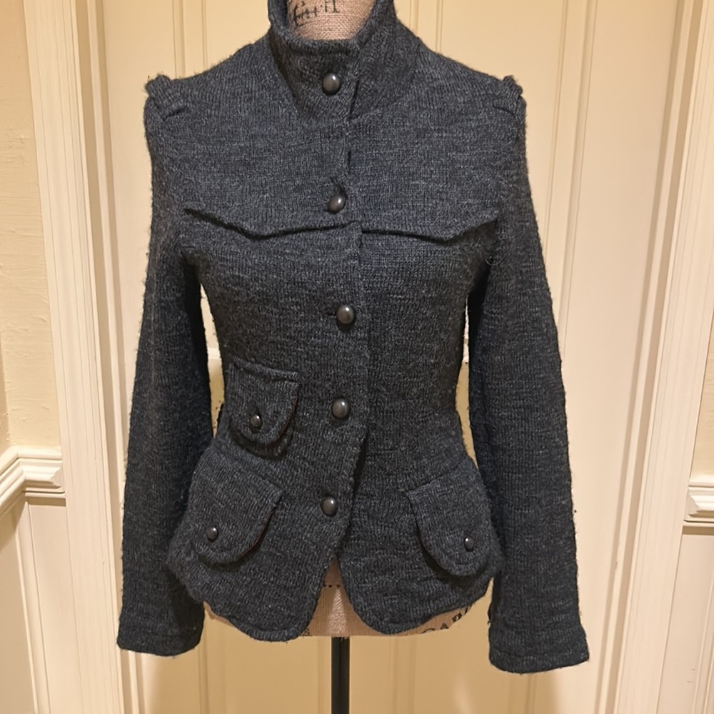 FREE PEOPLE Sweater/Jacket with Yoke and Belt Detail Gray and Red Size M - Picture 2 of 14